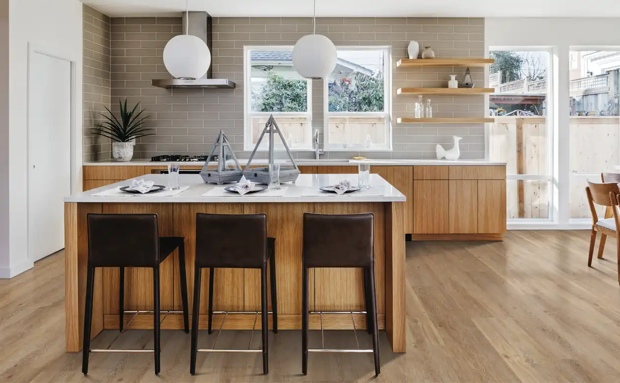 waterproof wood look flooring in kitchen with wood minimalist cabinets and white stone countertops